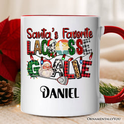 Santa’s Favorite Lacrosse Goalie Personalized Mug, Plaid Christmas Athelete Gift with Custom Name