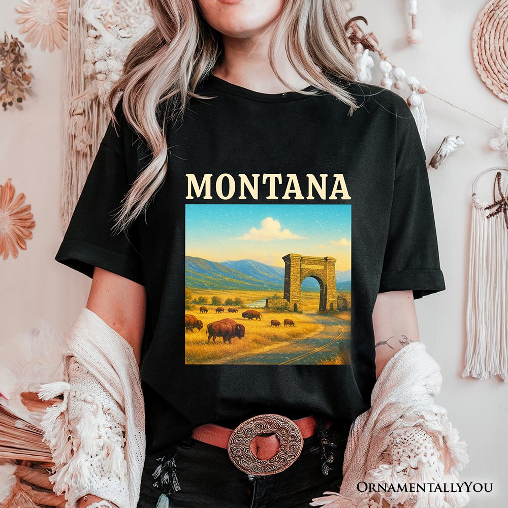 Rustic Montana State Wildlife and Landmark T-Shirt, Yellowstone Entrance Tee and Western Prairie Souvenir