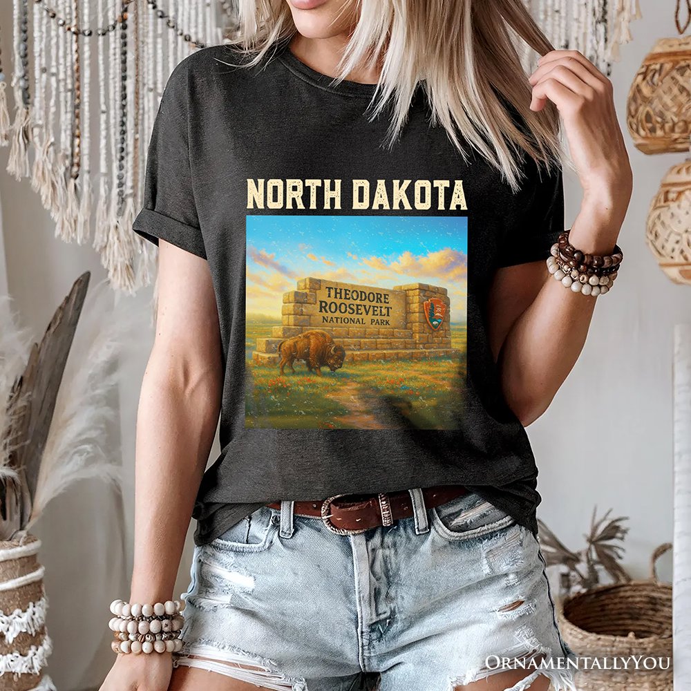 Scenic North Dakota State Theodore Roosevelt Park T-Shirt, Bison Wildlife Tee and Great Plains Souvenir