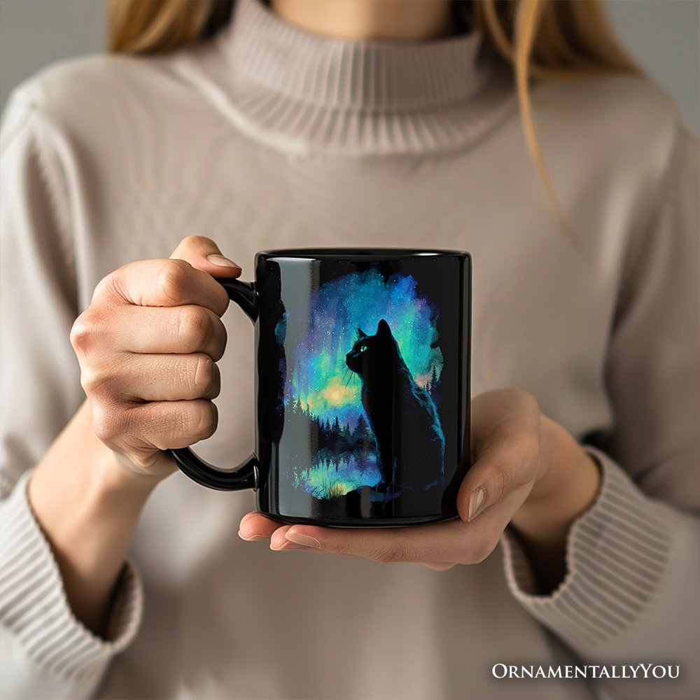 Mystic Aurora Cat Personalized Mug, Northern Lights Feline Gift with Custom Name