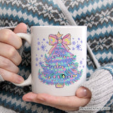 Light Blue Christmas Tree Bow Personalized Mug, Coquette Colorful Holiday Gift with Custom Name