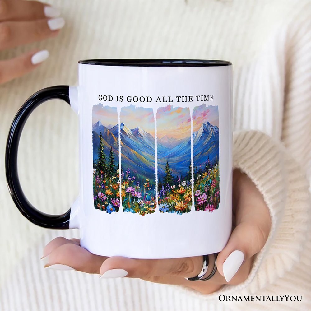 God Is Good All the Time Mountain Christian Personalized Mug, Wildflower Brushstroke Bible Verse Faith Gift with Custom Name