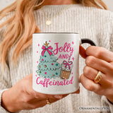 Jolly and Caffeinated Christmas Personalized Mug, Retro Coquette Coffee Holiday Gift with Custom Name