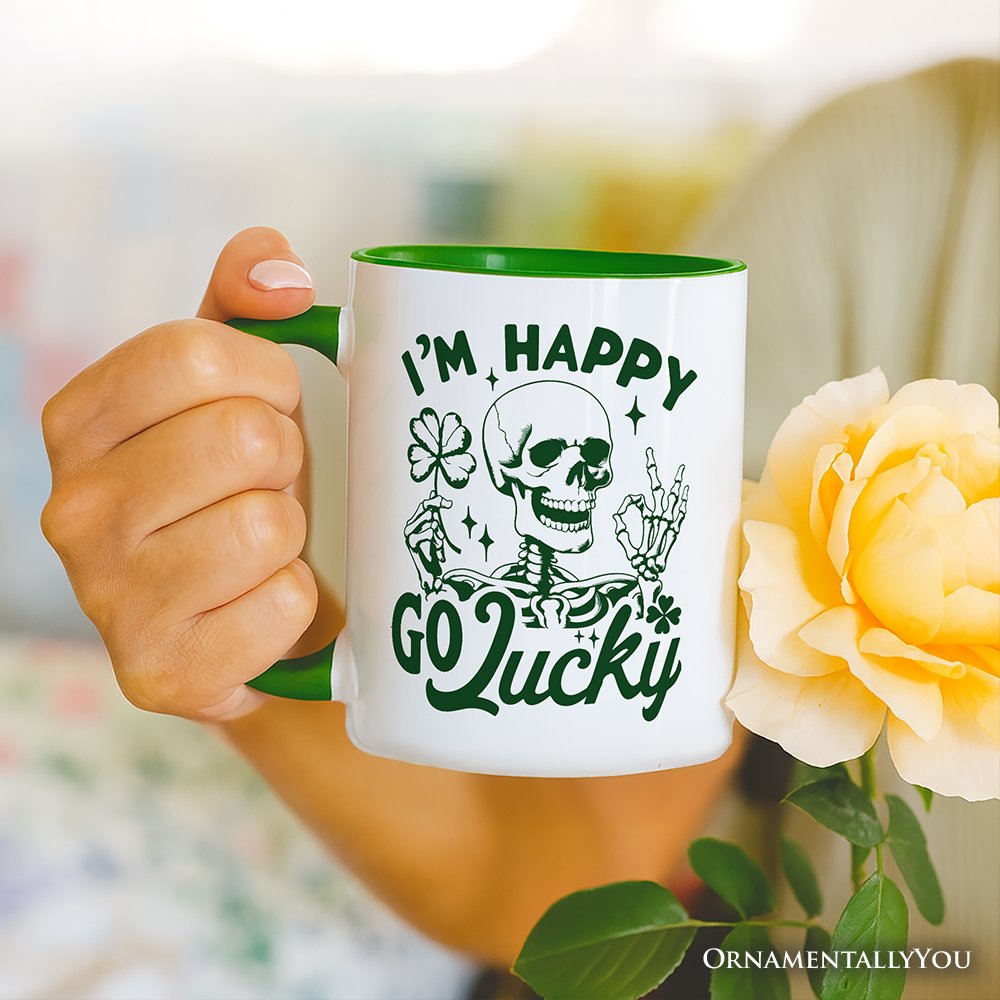 Happy Go Lucky Clover Skeleton St Patrick’s Day Personalized Mug, Green Shamrock Vintage Gift with Custom Name