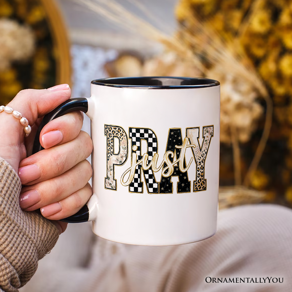 Just Pray Christian Varsity Mug, Retro Leopard Checkered Faith Gift