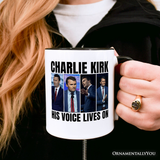 His Voice Lives On Charlie Kirk Graphic Mug, Women or Men Patriotic Republican Gift