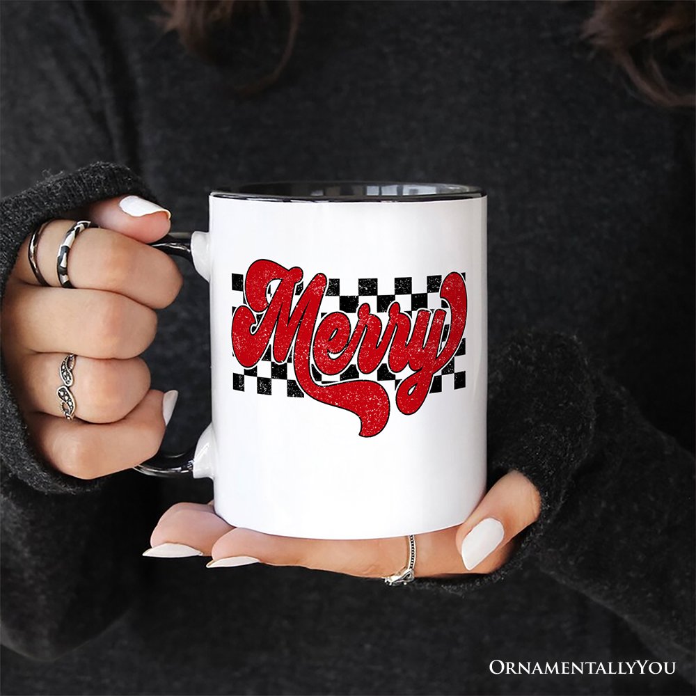 Merry Retro Personalized Mug, Christmas Checkered Gift with Custom Name