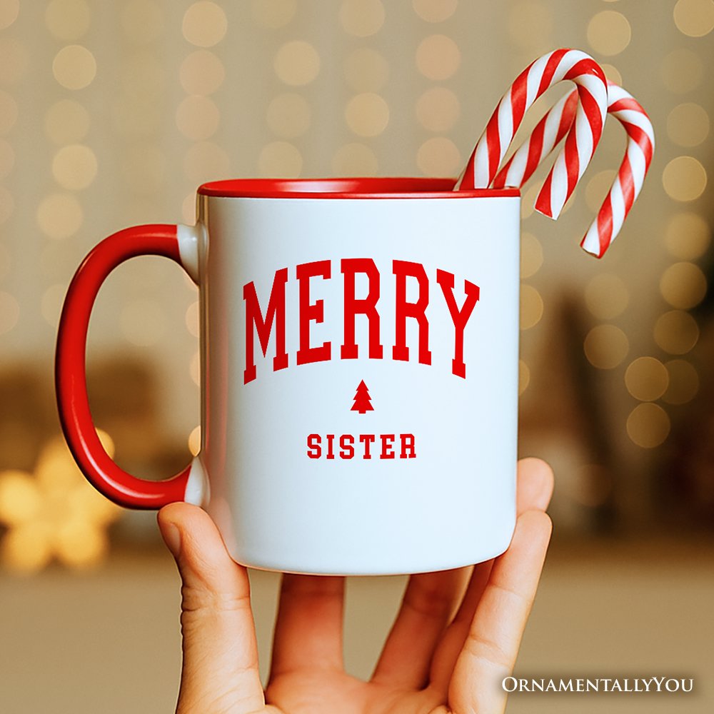 Merry Sister Retro Christmas Personalized Mug, Matching Family Holiday Gift with Custom Name