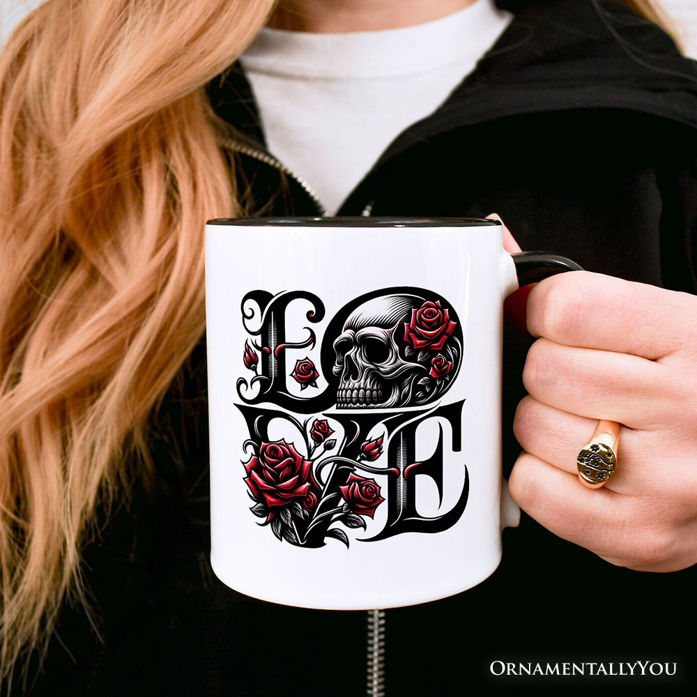 Gothic Love Skull Roses Personalized Mug, Dark Valentine Romance Gift with Custom Name