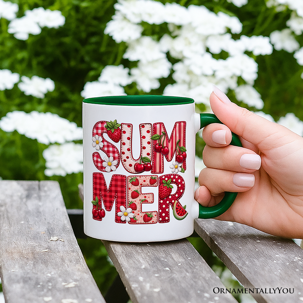 Strawberry Cherry Printed Faux Patchwork Mug, Summer Fruit Picnic Gift