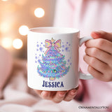 Light Blue Christmas Tree Bow Personalized Mug, Coquette Colorful Holiday Gift with Custom Name