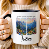 God Is Good All the Time Mountain Christian Personalized Mug, Wildflower Brushstroke Bible Verse Faith Gift with Custom Name