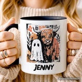Highland Cow Ghost Fall Personalized Mug, Spooky Season Halloween Gift with Custom Name