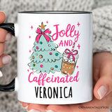 Jolly and Caffeinated Christmas Personalized Mug, Retro Coquette Coffee Holiday Gift with Custom Name