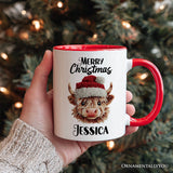 Highland Cow Santa Hat Christmas Personalized Mug, Imitation Latch Hook Yarn Cozy Gift with Custom Name