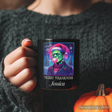 Frankenstein Christmas Vaporwave Personalized Mug, Retro Neon Holiday Gift with Custom Name
