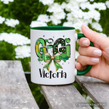 Coquette Gigi Bow St Patrick’s Day Personalized Mug, Green Lucky Shamrock Clover Gift with Custom Name
