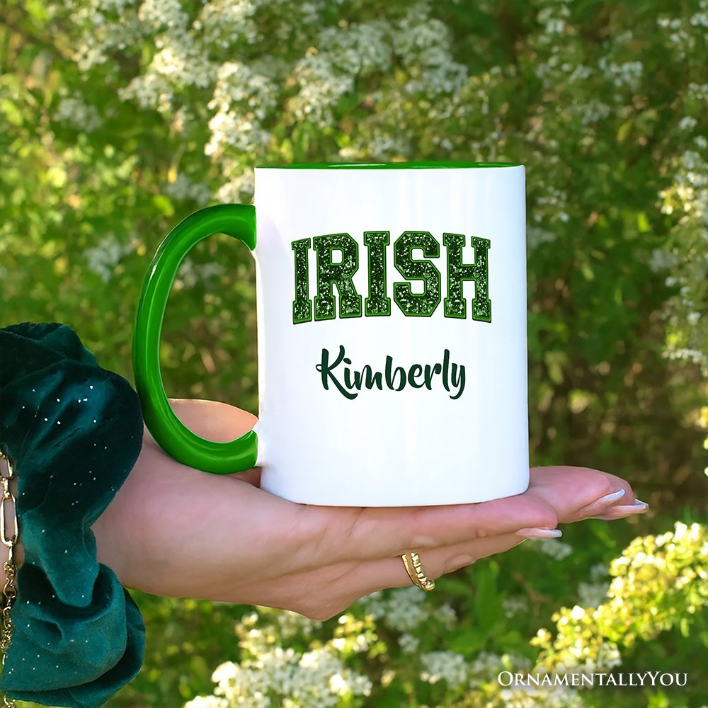Irish Sequin St Patrick’s Day Personalized Mug, Festive Green Glitter Imitation Gift with Custom Name