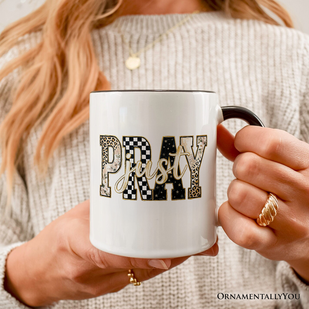 Just Pray Christian Varsity Mug, Retro Leopard Checkered Faith Gift