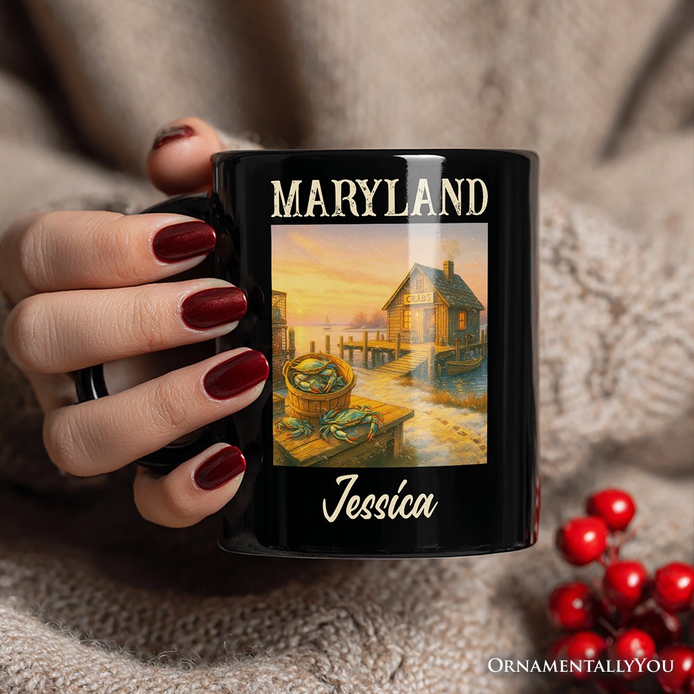 Coastal Maryland State Crabbing Personalized Mug, Chesapeake Bay Fishing Heritage Gift and Travel Souvenir with Custom Name