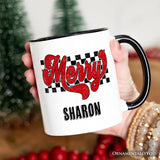 Merry Retro Personalized Mug, Christmas Checkered Gift with Custom Name