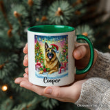 Festive German Shepherd with Santa Hat Personalized Mug, Joyful Christmas Gift with Custom Name