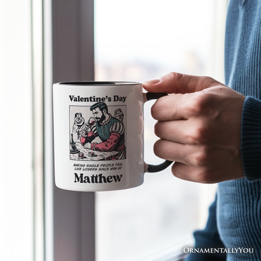 Single People Comic Loser Valentine Personalized Mug, Funny Anti-Valentine Gift with Custom Name