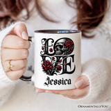 Gothic Love Skull Roses Personalized Mug, Dark Valentine Romance Gift with Custom Name