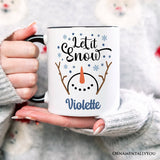 Let It Snow Snowman Personalized Mug, Snowflakes Minimalist Gift with Custom Name