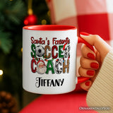 Santa’s Favorite Soccer Coach Personalized Mug, Plaid Christmas Football Gift with Custom Name