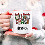 Santa’s Favorite Volleyball Coach Personalized Mug, Plaid Christmas Sports Gift with Custom Name