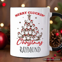 Merry Cluckin' Christmas Tree Personalized Mug, Funny Santa Hat Chicken Farmhouse Gift with Custom Name