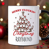 Merry Cluckin' Christmas Tree Personalized Mug, Funny Santa Hat Chicken Farmhouse Gift with Custom Name