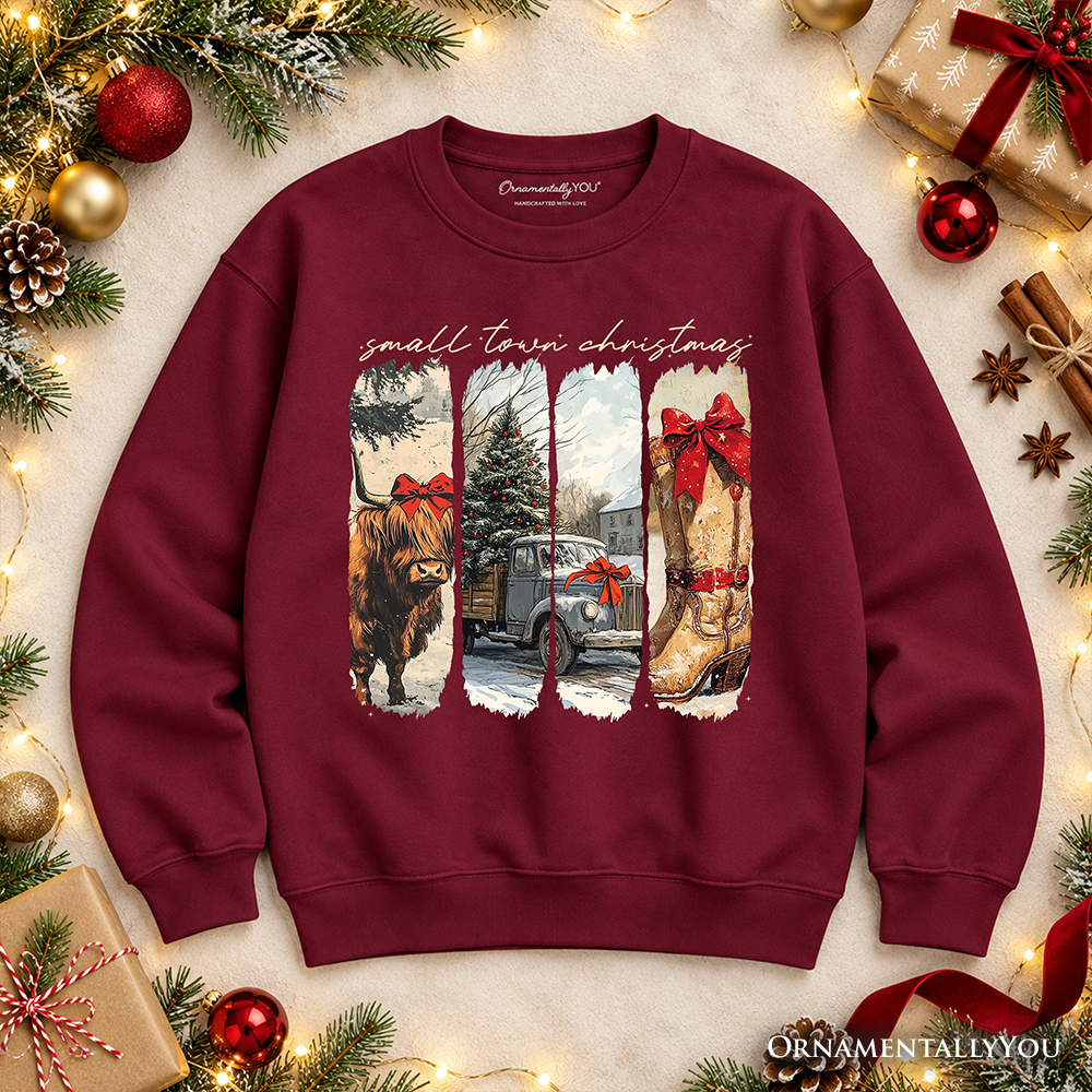 Small Town Christmas Sweatshirt, Highland Cow Rustic Western Cowgirl Holiday Sweater