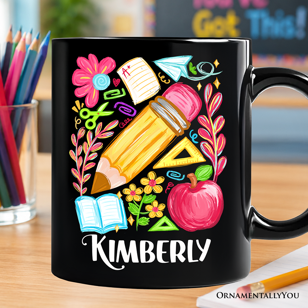 Floral Teacher Pencil Personalized Mug, Colorful Back to School Gift with Custom Name