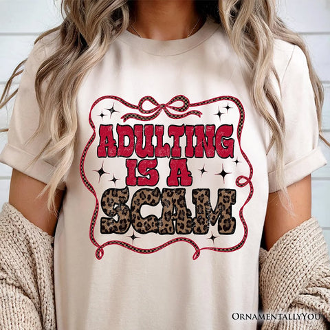 Adulting Is a Scam Humor T-Shirt, Leopard Retro Western Tee