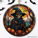 Bewitching Skeletal Sorcery Stained Glass Style Ceramic Ornament, Halloween Themed Christmas Gift and Decor