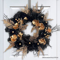 Black and Bronze Elegantly Goth 20" Wreath, Premium Gold Door Decoration with Floral Orchids