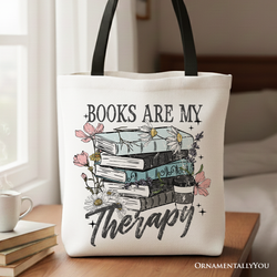 Books Are My Therapy Floral Vintage Canvas Tote Bag, Reading Aesthetic Gift Shopper for Bookworms