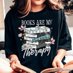 Books Are My Therapy Floral Vintage T-Shirt, Reading Aesthetic Tee for Bookworms