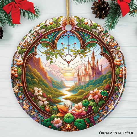 Castle Art with Lush Forest Stained Glass Style Ceramic Ornament, Christmas Gift and Decor
