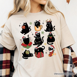 Christmas Black Cats T‑Shirt, Whimsical Cats with Santa Hat Tee