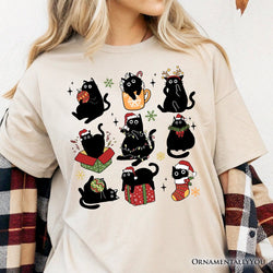 Christmas Black Cats T‑Shirt, Whimsical Cats with Santa Hat Tee