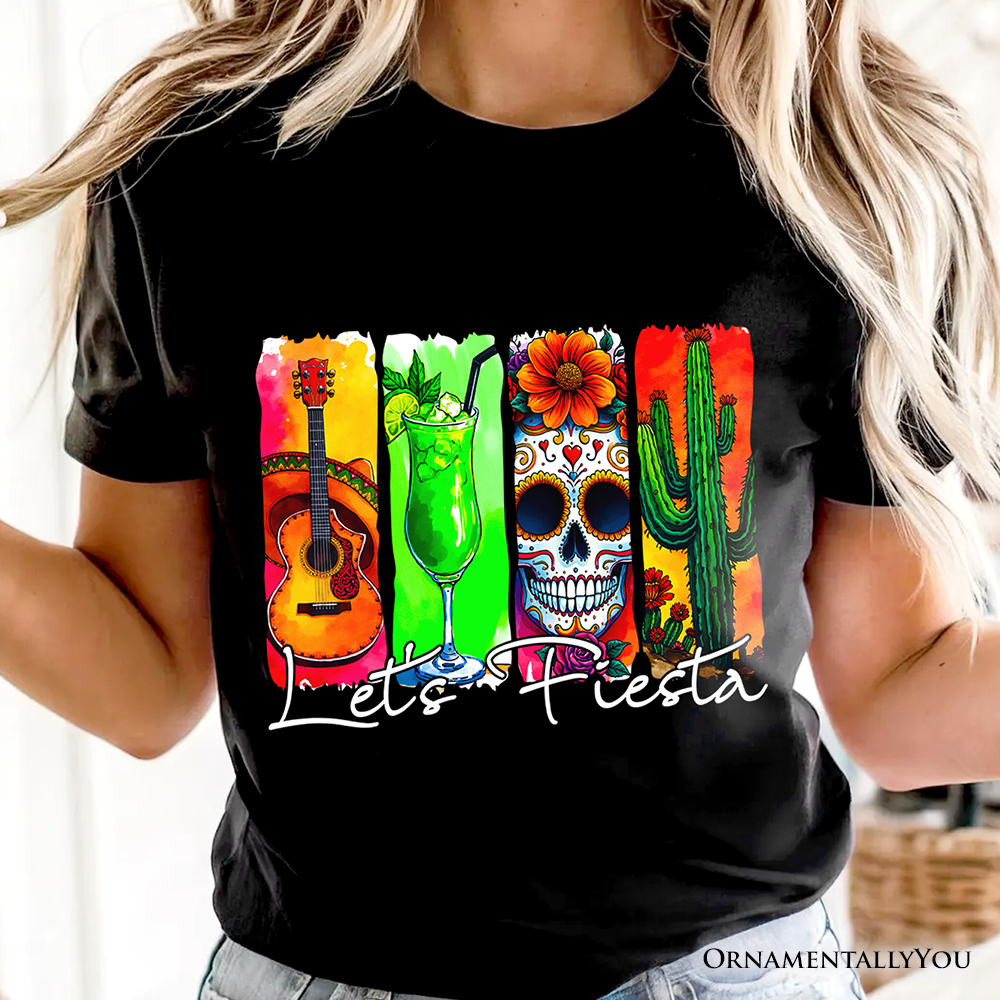 Cinco De Mayo Brushstroke Mexican T-Shirt, Let’s Fiesta Guitar Margarita Skull Cactus Tee