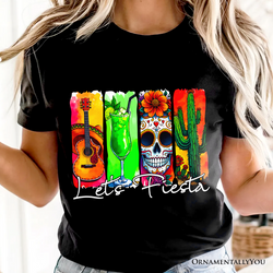 Cinco De Mayo Brushstroke Mexican T-Shirt, Let’s Fiesta Guitar Margarita Skull Cactus Tee