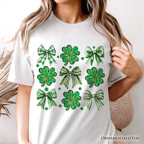 Coquette Clover Bows St Patrick’s Day T-Shirt, Green Irish Lucky Shamrock Tee