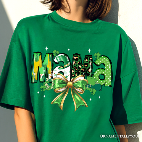 Coquette Mama Bow St Patrick’s Day T-Shirt, Green Lucky Shamrock Clover Tee