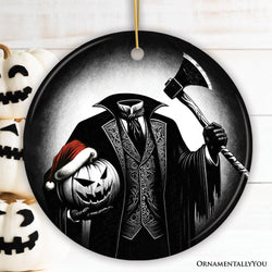 Creepy Headless Horseman And Pumpkin With Santa Hat Ornament, Horror Themed Christmas Decor for Halloween Tree