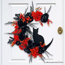 Crescent Moon Floral Black Cat Wreath, 20" Black and Orange Halloween Door Decoration