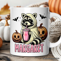 Cute Racoon Drinking Cup, Personalized Mug, Retro Halloween Gift with Custom Name